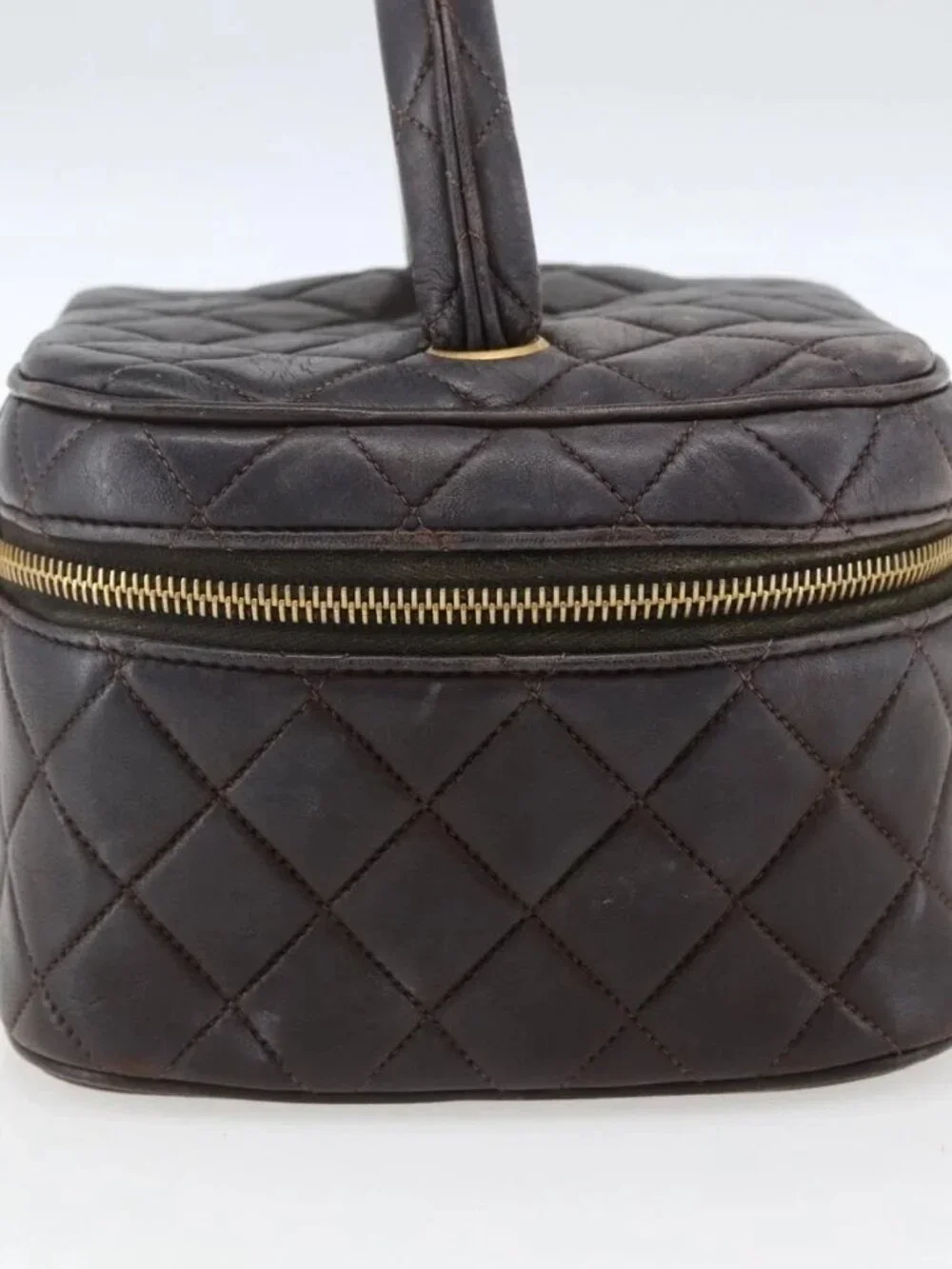 CHANEL Matelasse Vanity Hand Bag Lamb Skin Dark Brown Gold CC Auth 170916